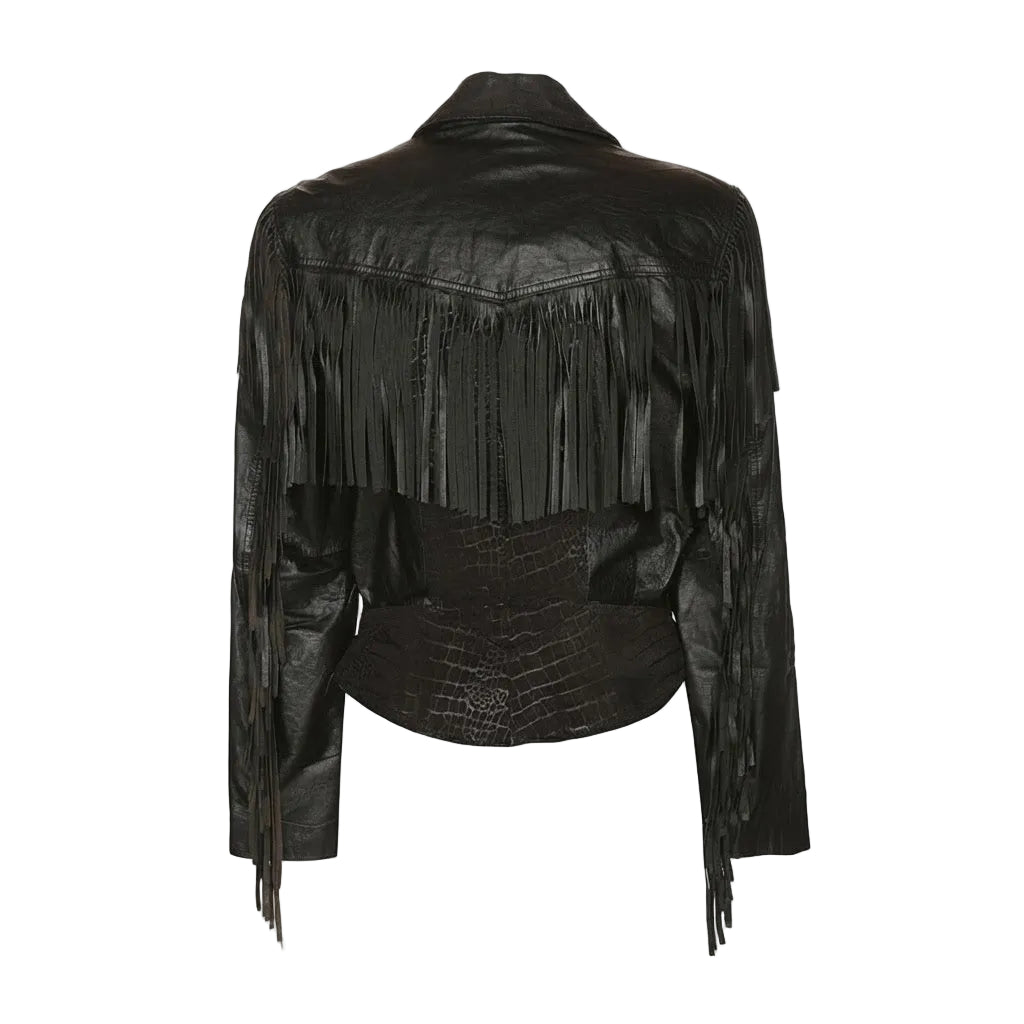 Black faux-leather fringe jacket with a crocodile-embossed lower panel, shown from the back on a white background.