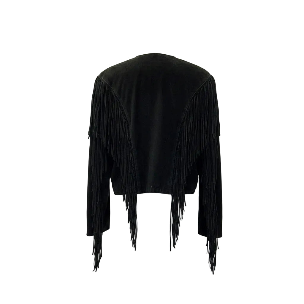 Black fringe jacket on a white background