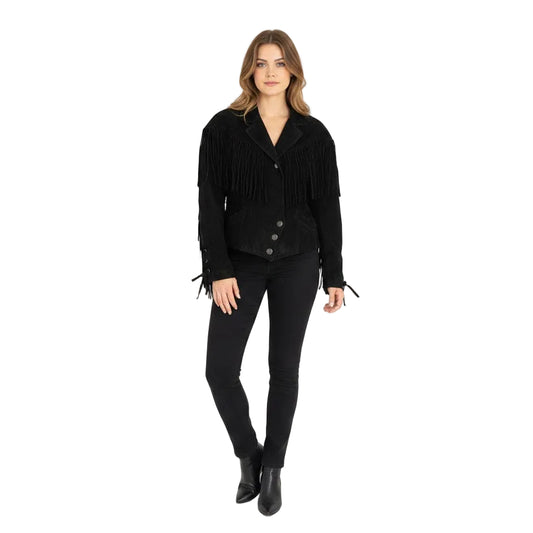 Woman wearing a black fringed jacket on a white background