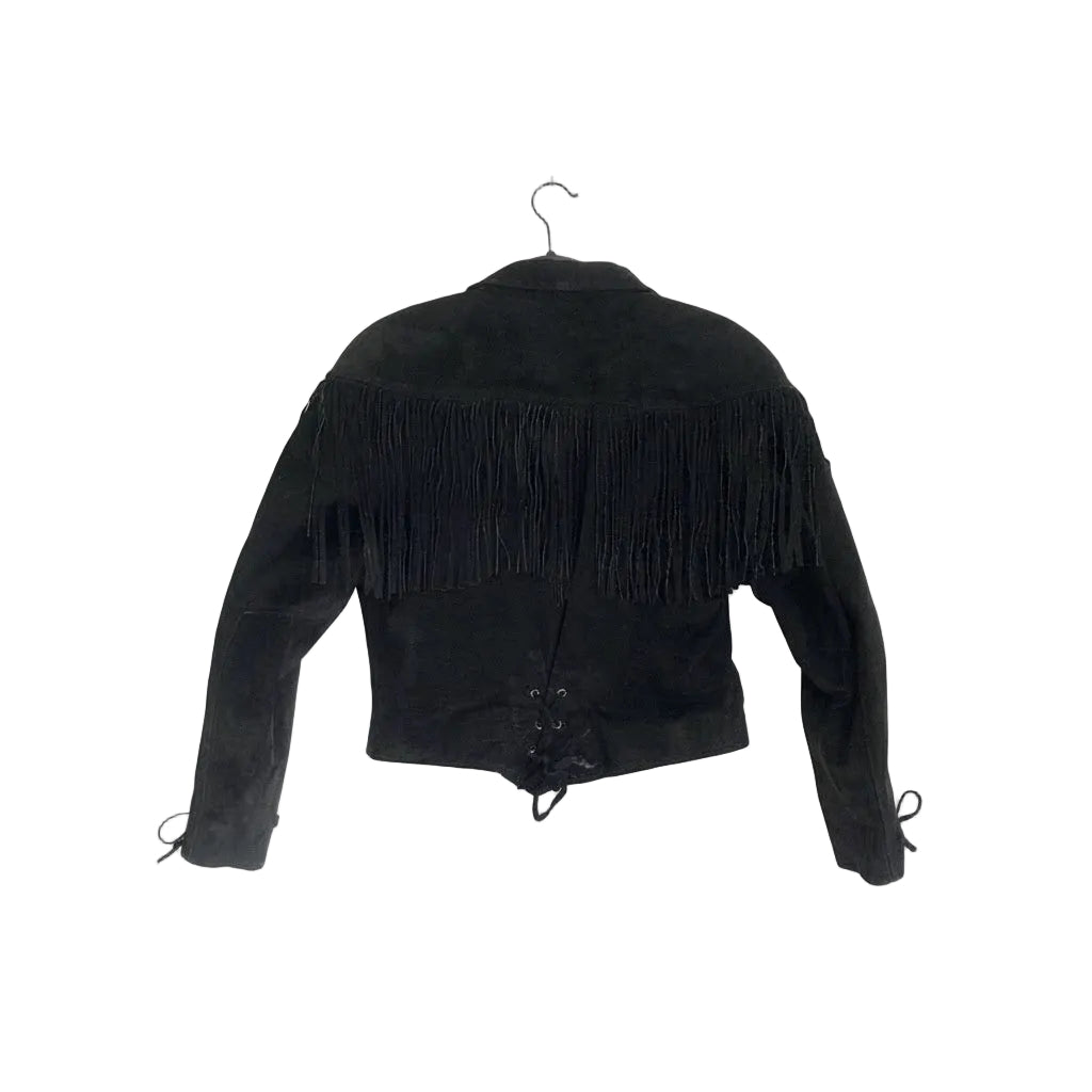 A black fringed jacket on a white background