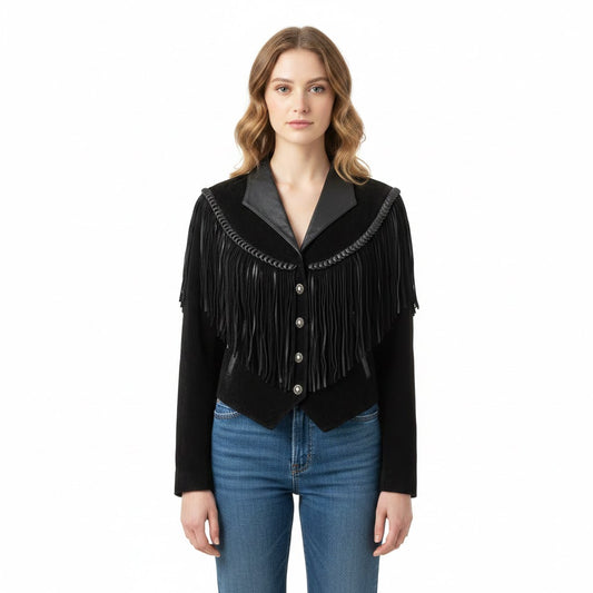 Woman wearing a black fringed jacket and blue jeans on a white background