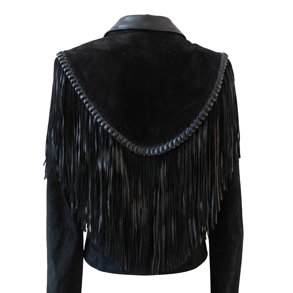 Black suede fringe jacket shown from the back, featuring a wide collar, long fringe cascading down the back, and a braided trim along the neckline, displayed against a white background.