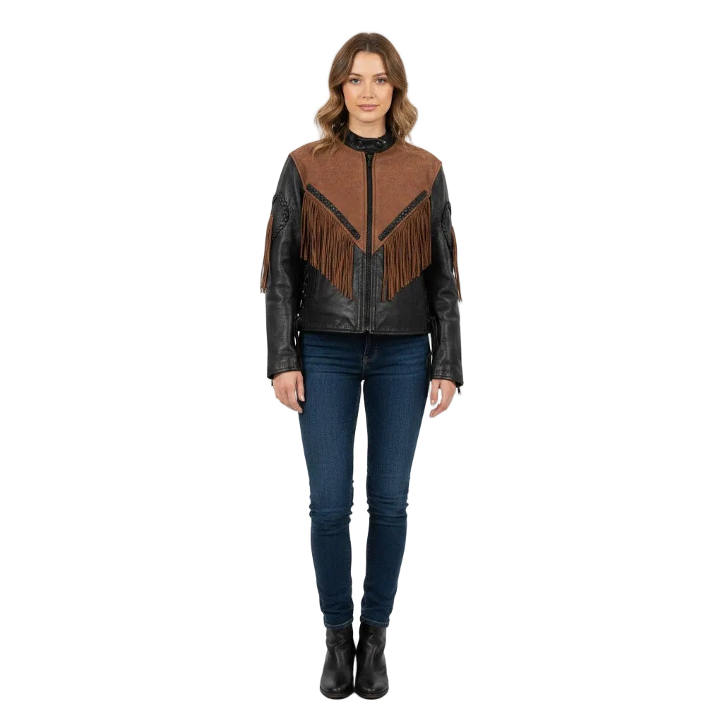 Woman wearing a black leather jacket with brown fringes on a white background