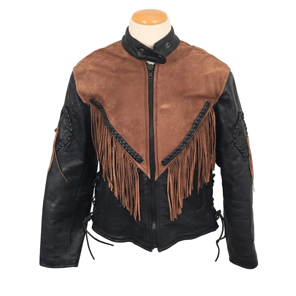 Black leather jacket with brown suede accents and fringes on a mannequin against a white background
