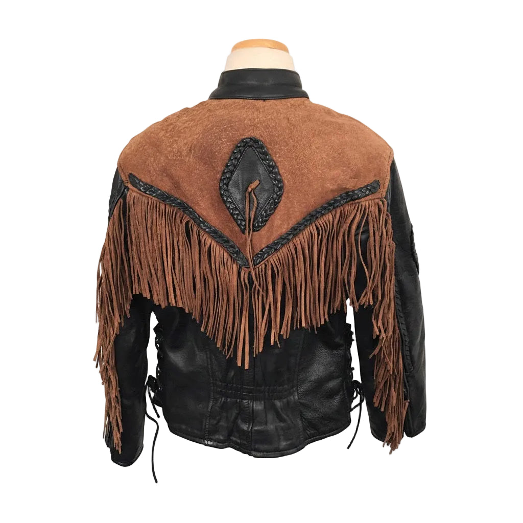 Black leather jacket with brown suede back and fringes on a white background