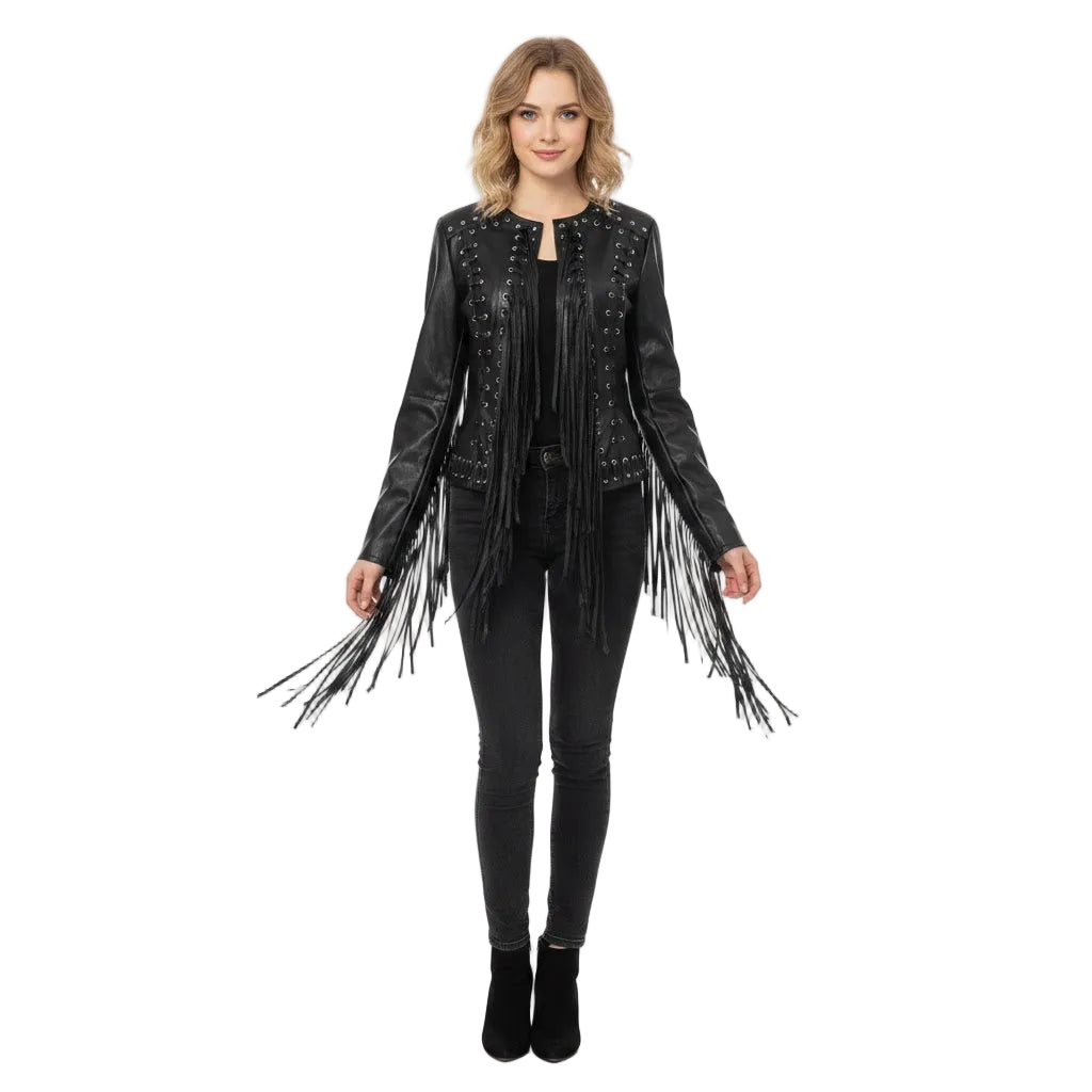 Woman wearing a black fringe leather jacket on a white background