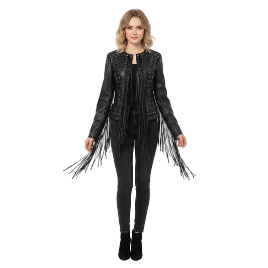 Woman wearing a black fringe leather jacket on a white background