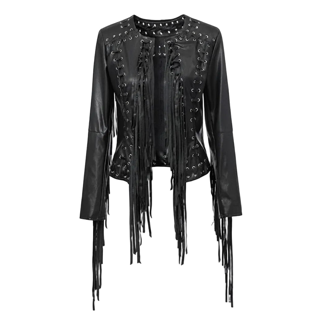 Black faux leather fringe jacket with silver metal studs and lace-up front details, shown on a plain white background.