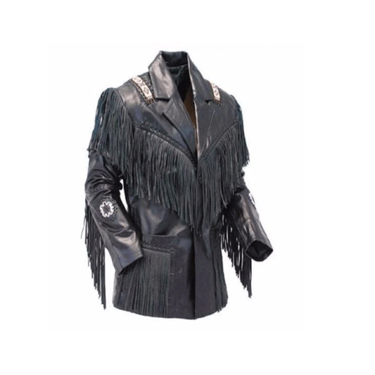 Western Black Fringe Beaded Leather Jacket Cowboy Jacket LWJ3510