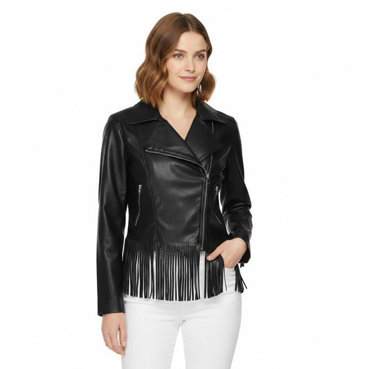 Woman wearing a black leather jacket with fringe details on a white background