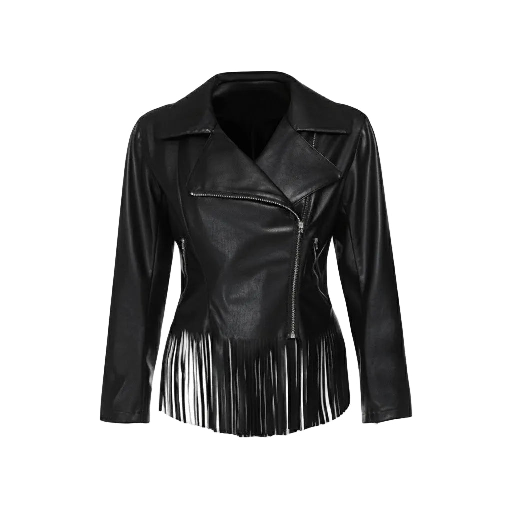 A black faux leather motorcycle jacket with long sleeves, an asymmetrical zipper, and fringe detailing along the bottom hem, shown against a plain white background.