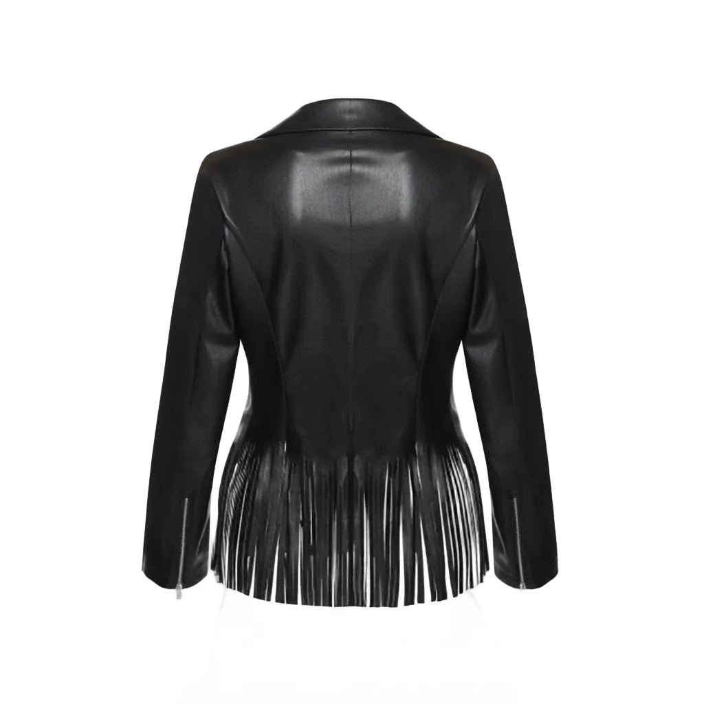 Black faux leather jacket with long sleeves and a fringed hem, shown from the back on a white background.