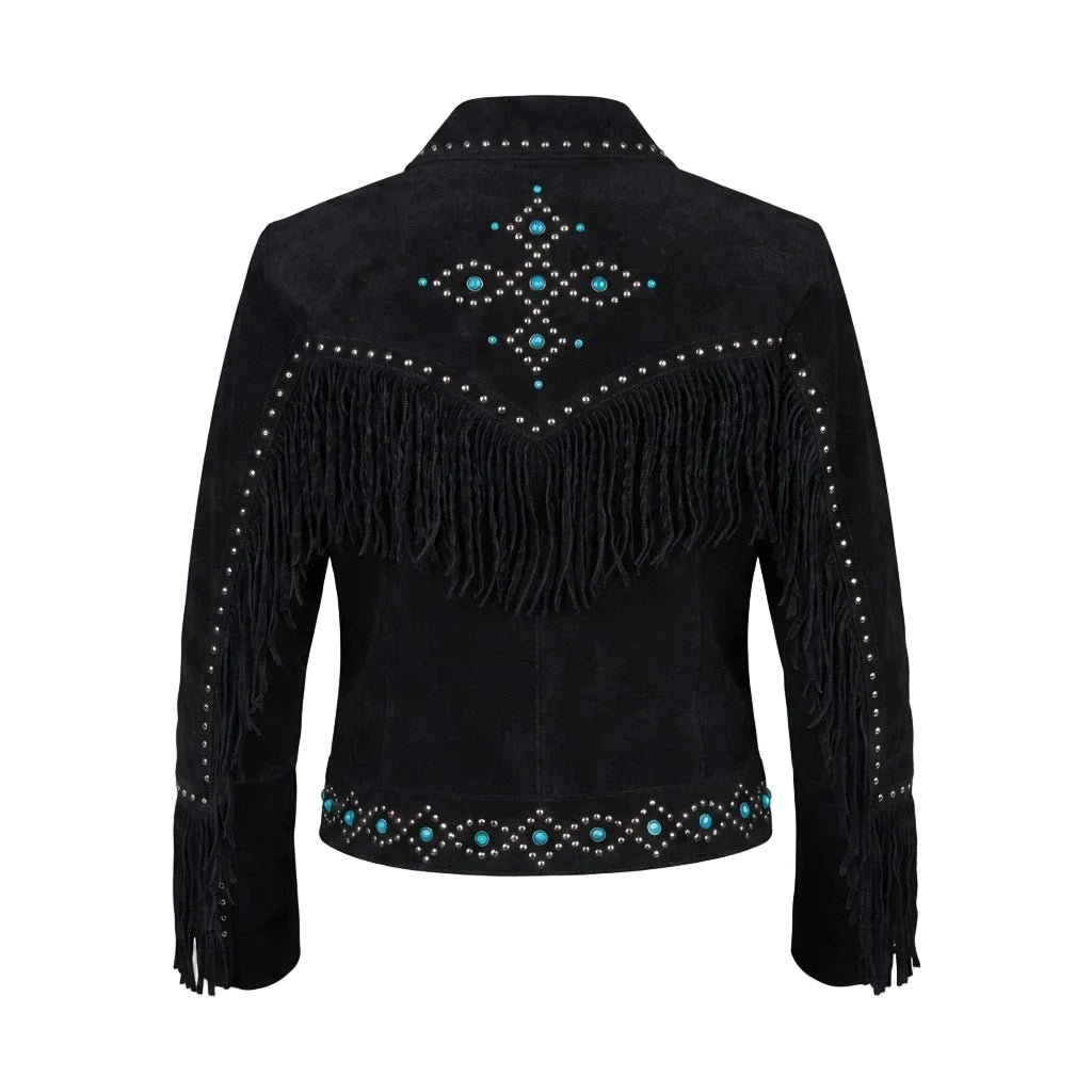 Black suede western-style jacket with long fringe, silver studs, and turquoise bead accents on the back, shown against a plain white background.