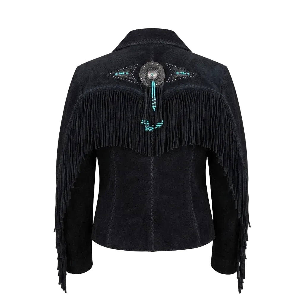 Black suede fringe jacket with turquoise and silver beaded back detail, displayed on a mannequin against a white background.