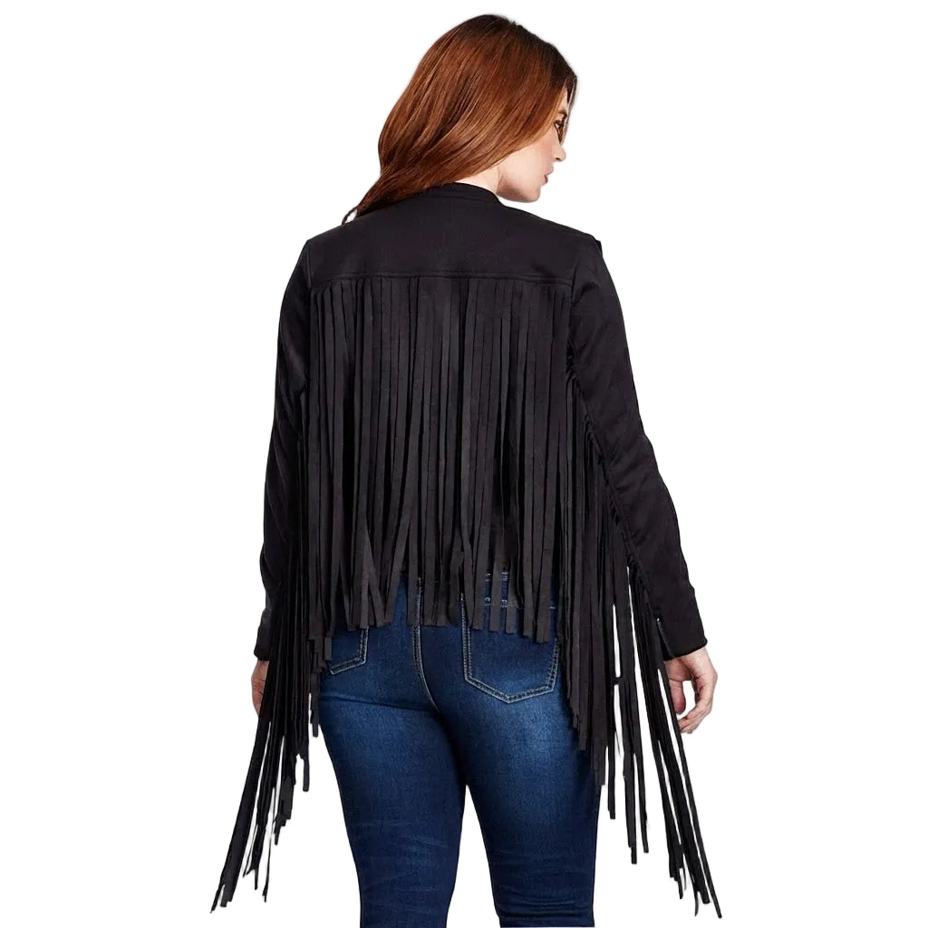 Person wearing a black fringe jacket on a white background