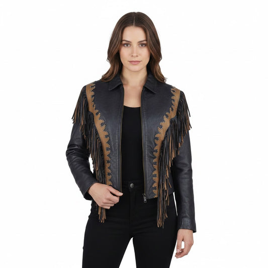 Woman wearing a black leather jacket with brown fringe details on a white background