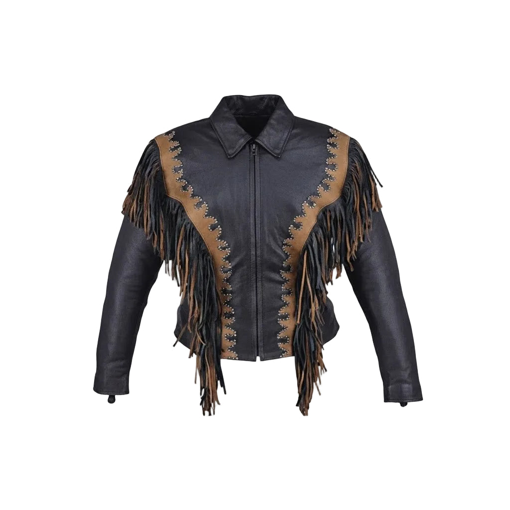 Black faux leather fringe jacket with tan shoulder panels, fringe trim, and decorative stitching, shown on a plain white background.