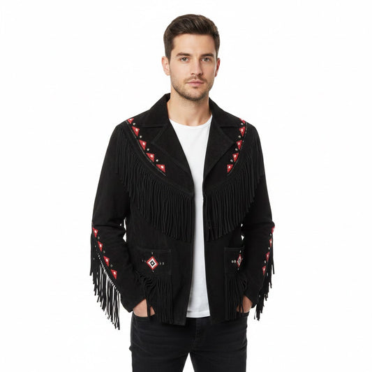 Man wearing a black fringed jacket with red accents on a white background