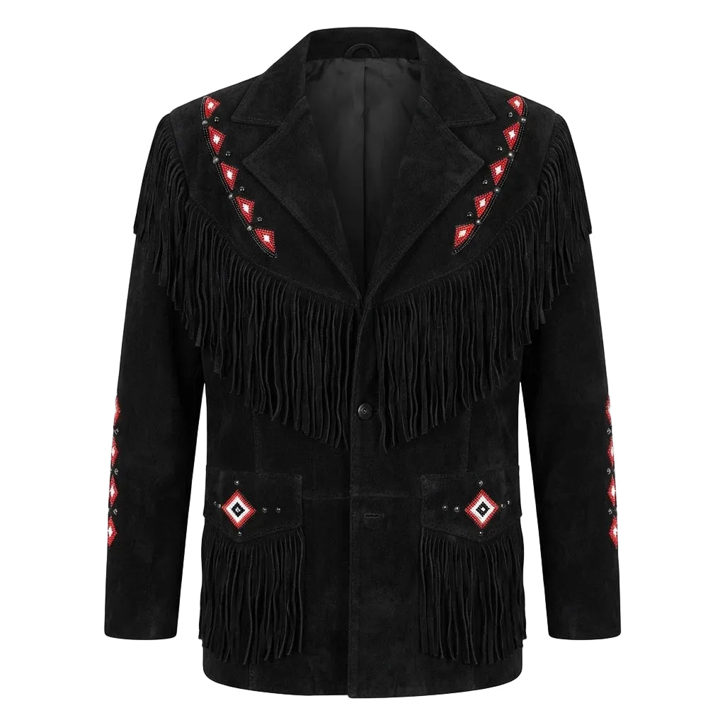 A black suede fringe jacket with red and white bead work accents on the shoulders, pockets, and sleeves, shown against a plain white background.