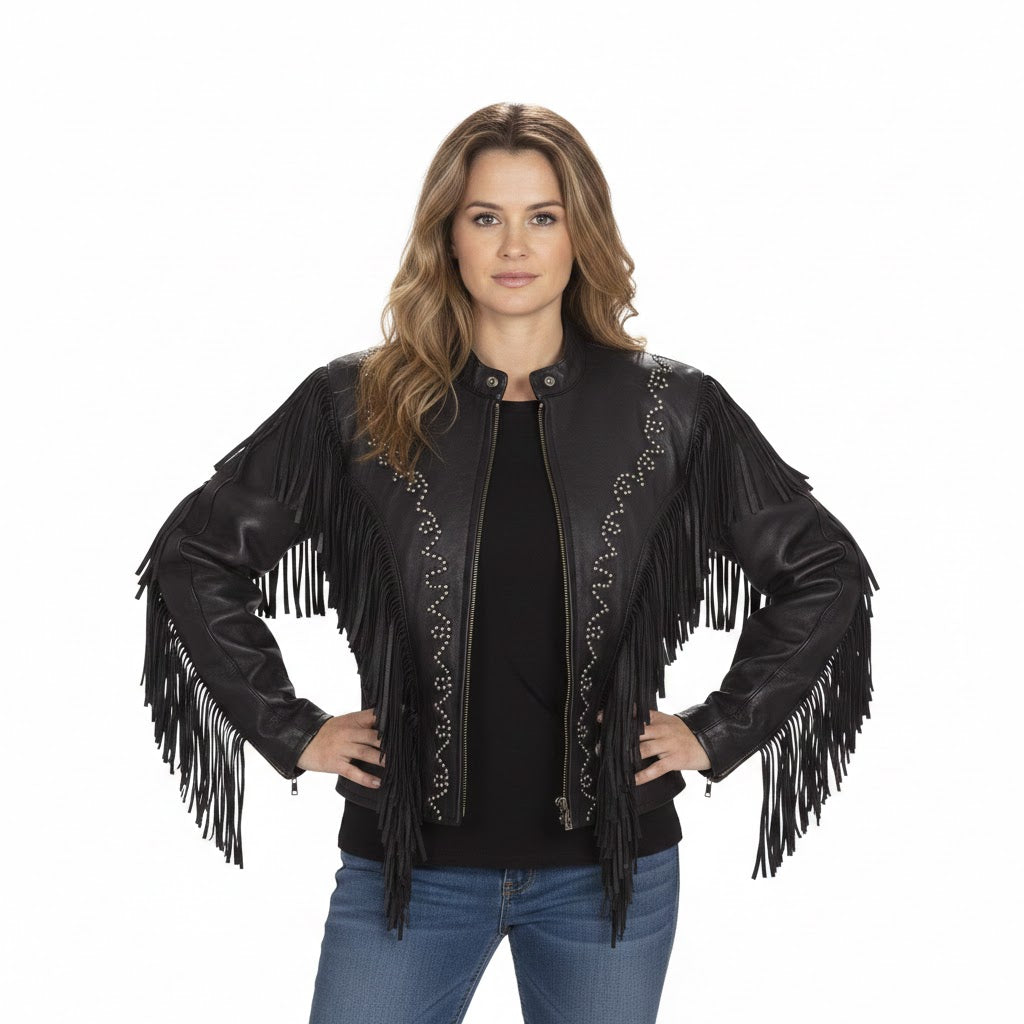 Woman wearing a black leather fringe jacket on a white background