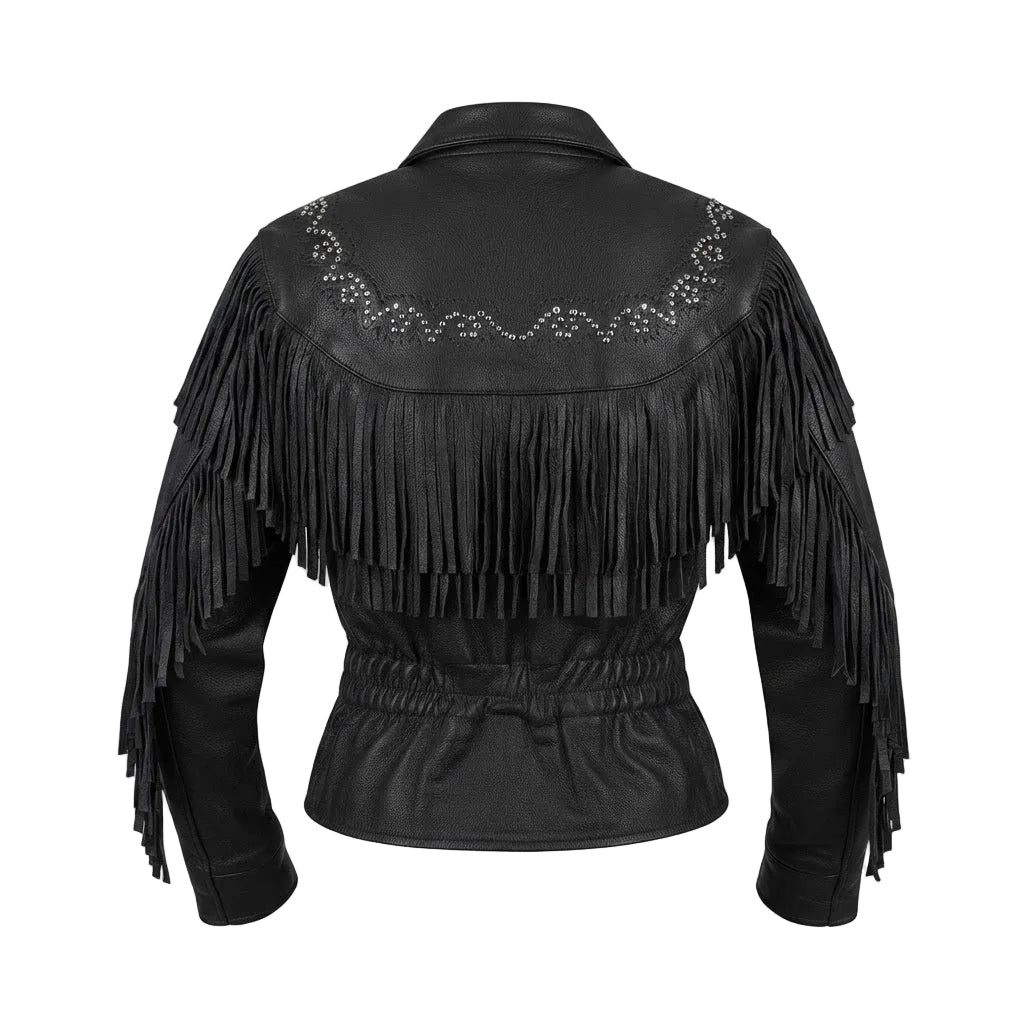 Black faux leather fringe jacket shown from the back, featuring a collar, fringe detailing across the shoulders and sleeves, and silver rhinestone embellishments along the upper back.