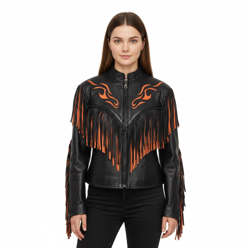 Black leather jacket with orange fringe and patterns on a white background