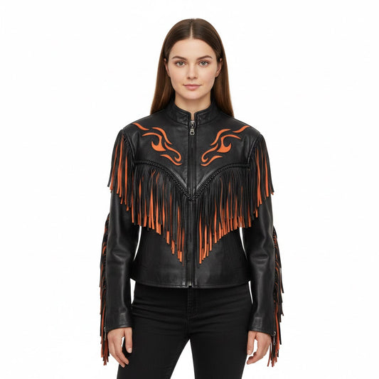 Black leather jacket with orange fringe and patterns on a white background