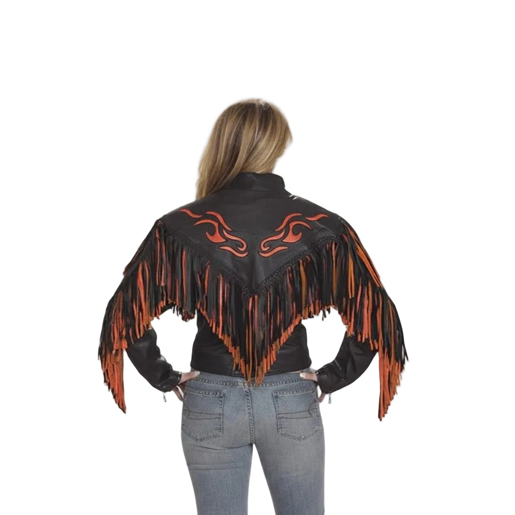 A woman viewed from behind wearing a black leather fringed jacket with orange flame designs on the back and orange fringe accents, paired with light blue jeans, against a plain white background.