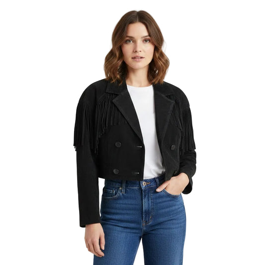 Woman wearing a black fringed jacket, white shirt, and blue jeans on a white background