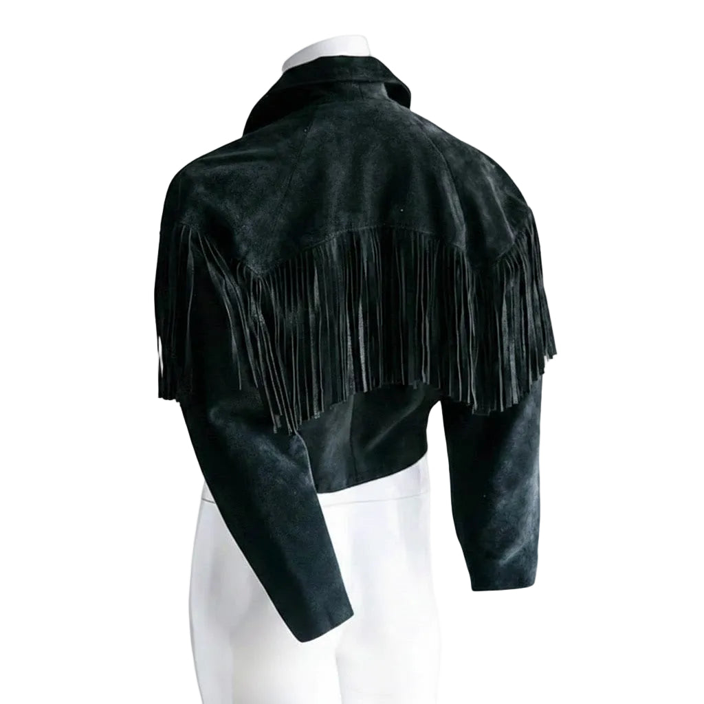 Black suede jacket with fringe on a white background
