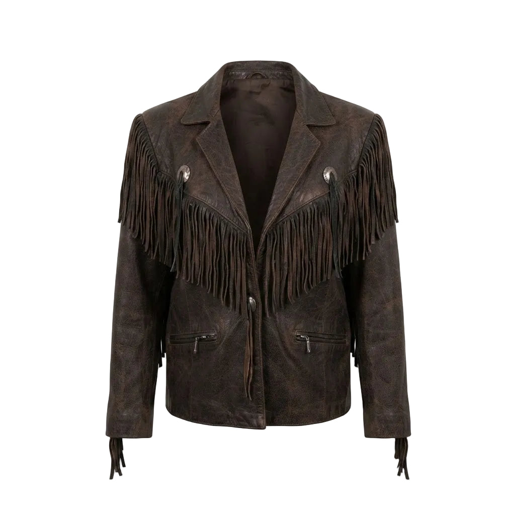 A black distressed leather jacket with long fringe detailing across the chest and shoulders, silver-tone snap buttons, and zippered pockets, shown against a plain white background.