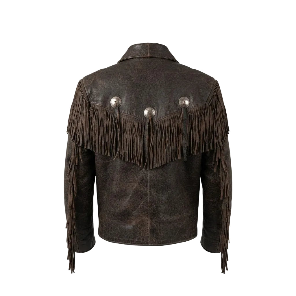 A black leather jacket with extensive fringe detailing and three large silver-tone decorative buttons on the back, shown against a white background.