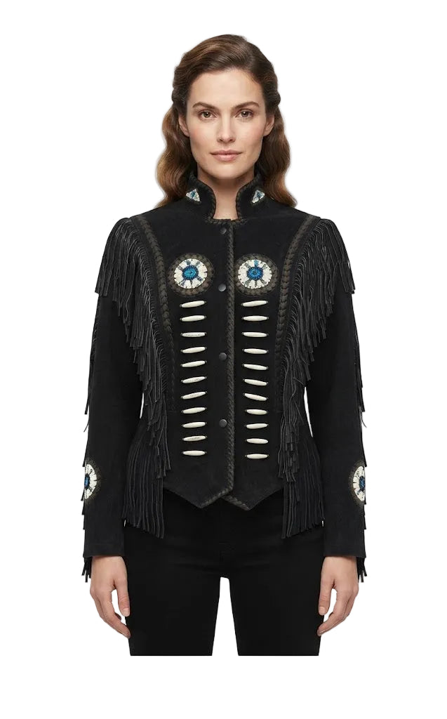 A woman modeling a black fringed jacket with silver-toned buttons and blue-and-white embroidered circular details on the chest and cuffs, photographed against a plain white background.