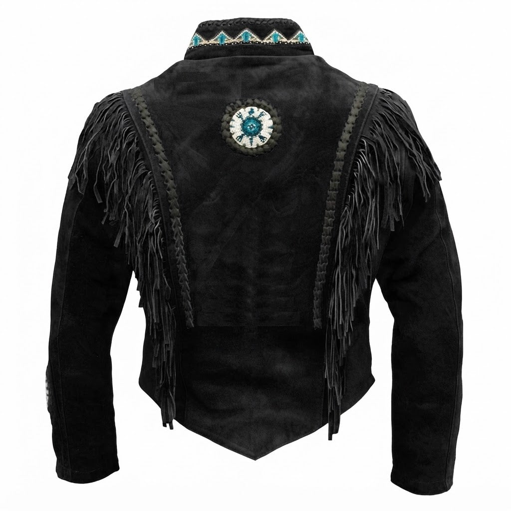 Black leather jacket with fringe and decorative elements on a white background