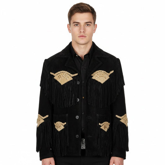 Western Black Suede Leather Fringe Jacket Cowboy Jacket LWJ4010