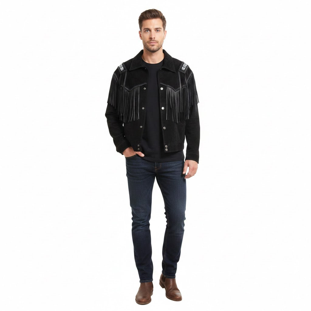 Man wearing a black jacket with fringe details on a white background