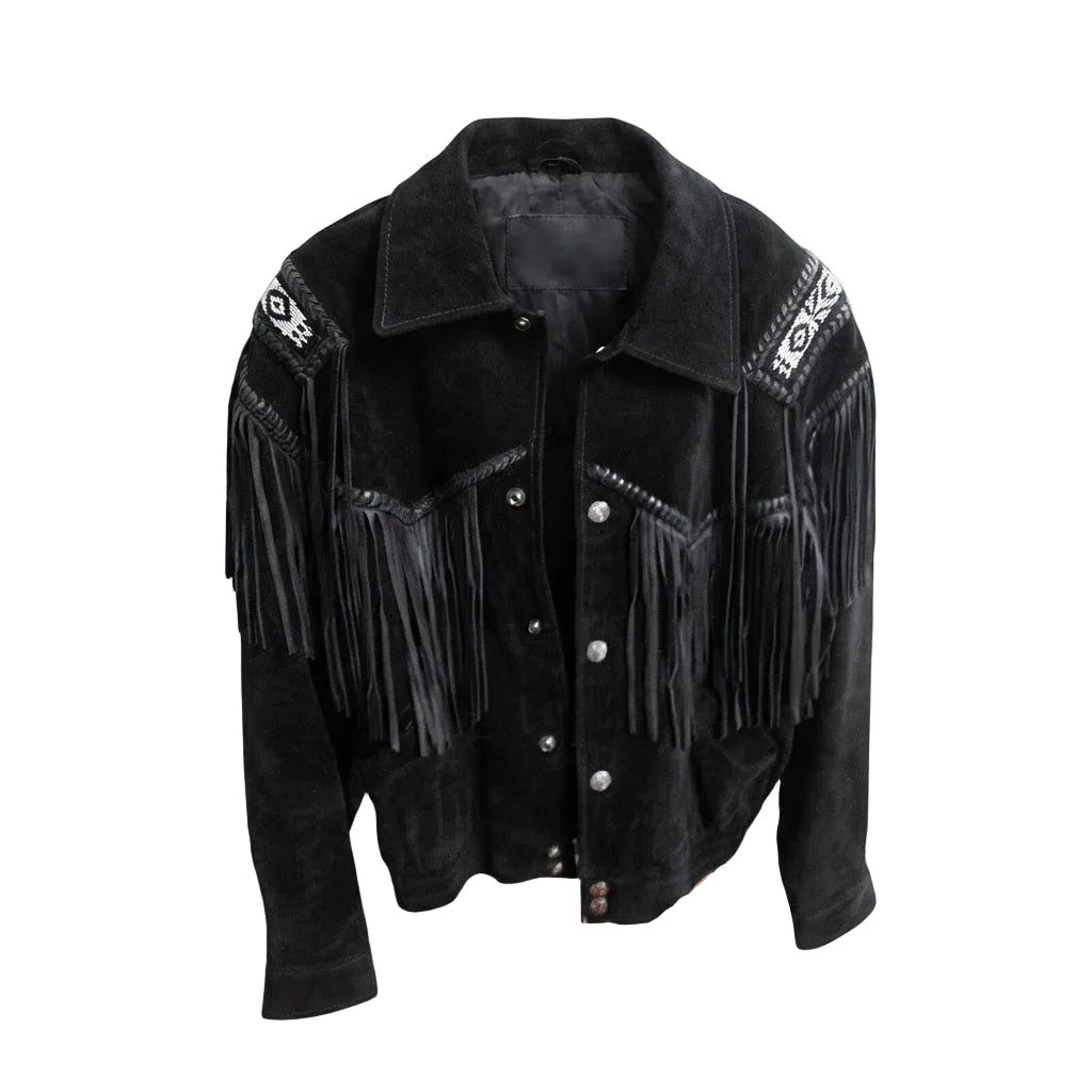 Black suede fringe jacket with western-style silver button closures, embroidered details on the shoulders, and long hanging fringe on the front, shown against a plain white background.