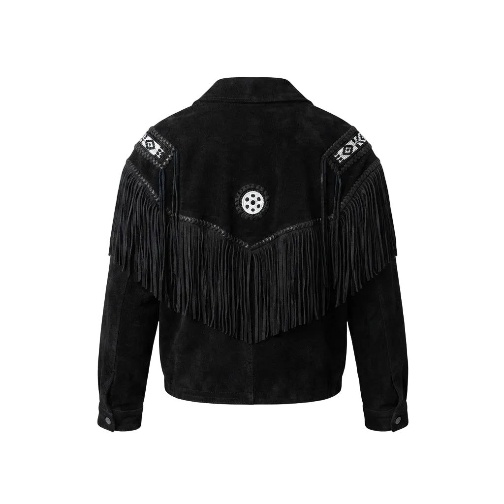 Black suede fringe jacket shown from the back, featuring a large fringed chevron across the back on white background