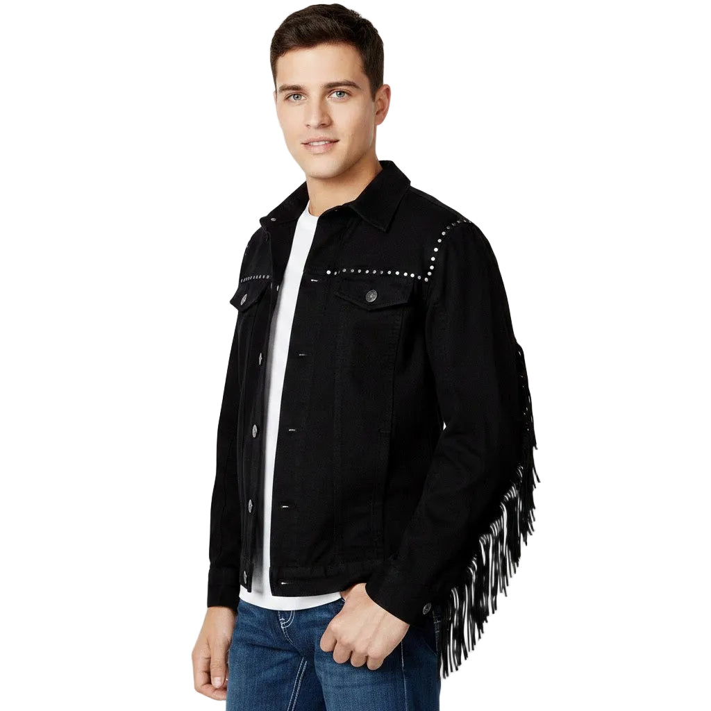Man wearing a black fringed jacket on a white background