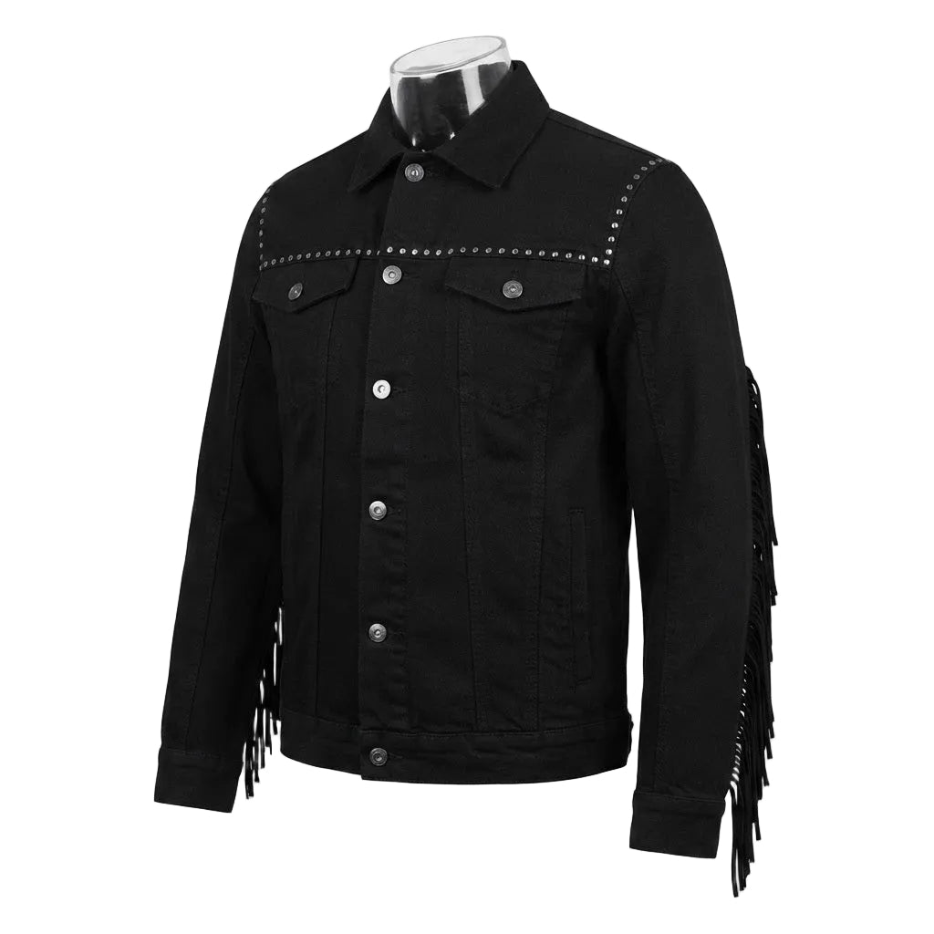 A black denim western-style jacket with silver studs and fringe details, displayed on a mannequin torso against a plain white background.