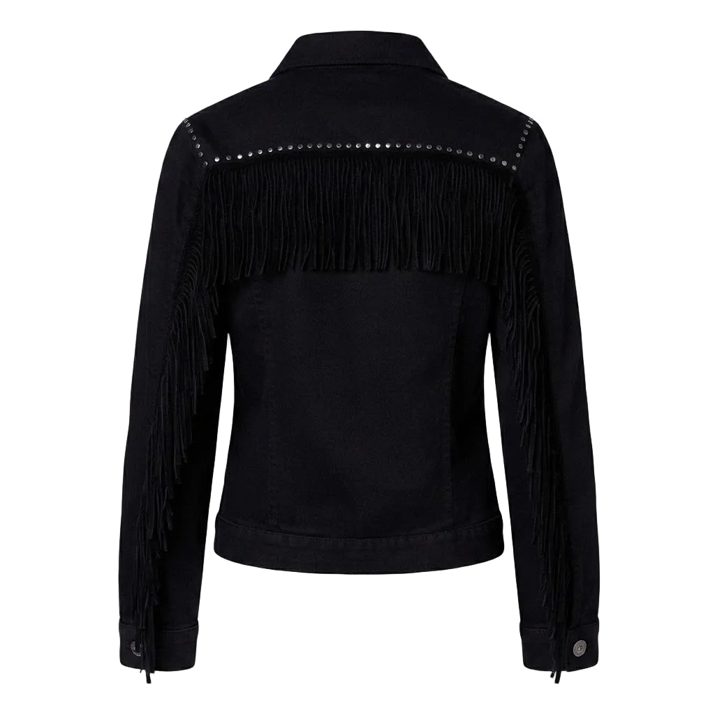 Black denim jacket with long fringe across the shoulders and upper back, studded detailing along the shoulder line, and buttoned cuffs, shown from the back on a white background.