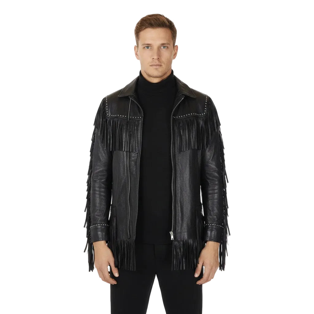 Man wearing a black leather jacket with fringe details on a white background