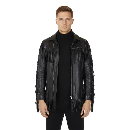 Man wearing a black leather jacket with fringe details on a white background