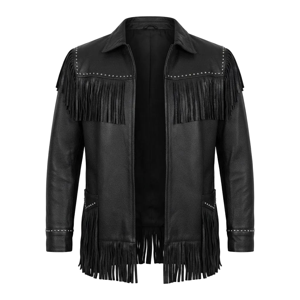 A black leather fringe jacket with silver stud detailing, shown on a plain white background.