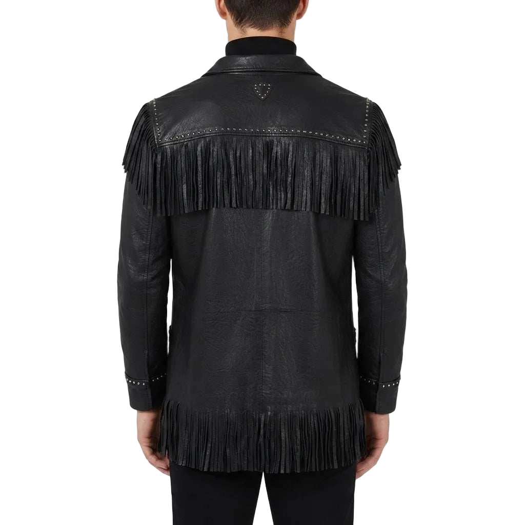A black leather jacket with wide fringe across the shoulders and a long fringe hem, shown from the back on a model against a white studio background.