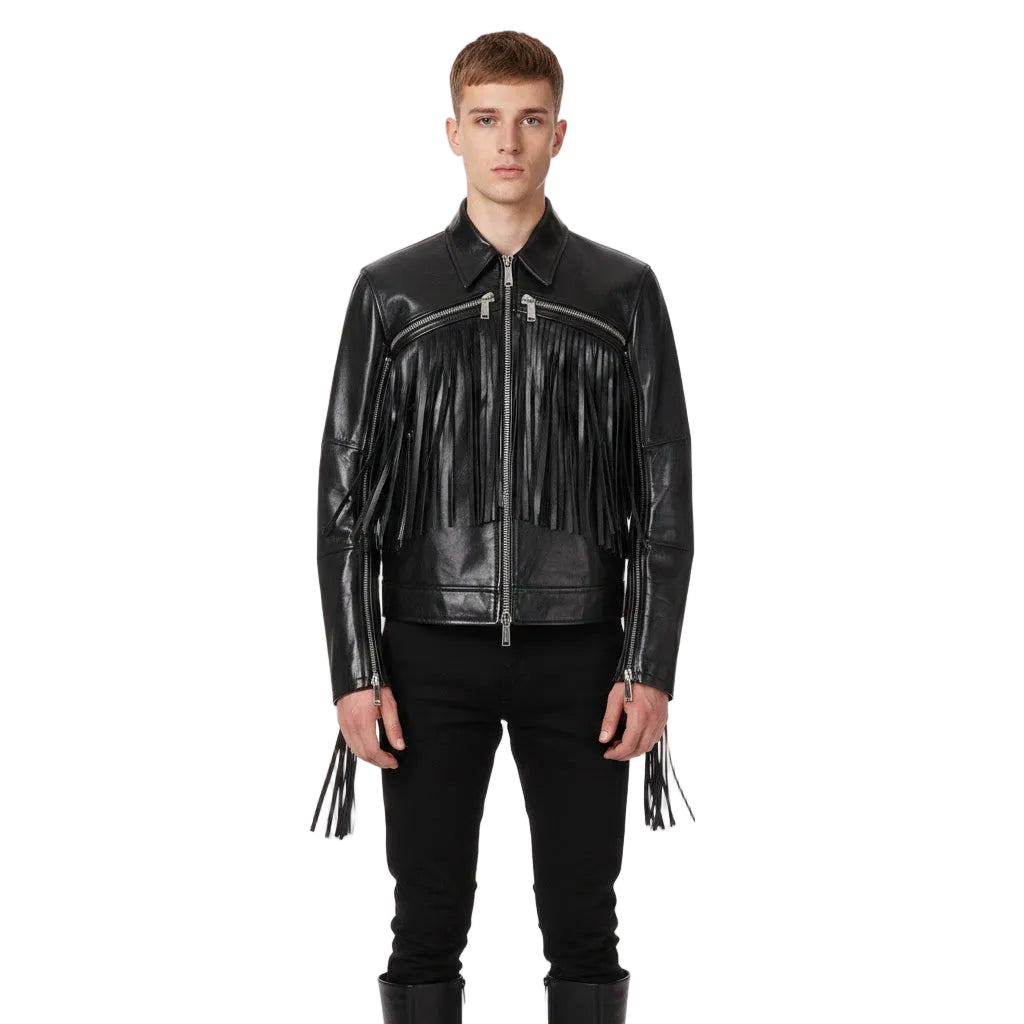 Man wearing a black leather jacket with fringe details on a white background