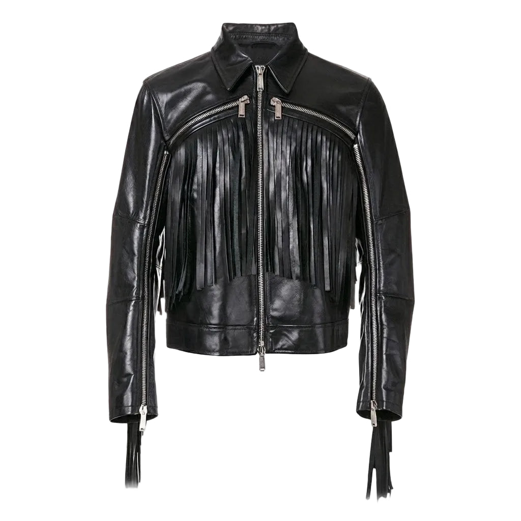 A black leather moto jacket with a high collar, front zipper, and prominent fringe detailing on the chest and sleeves, shown against a plain white background.