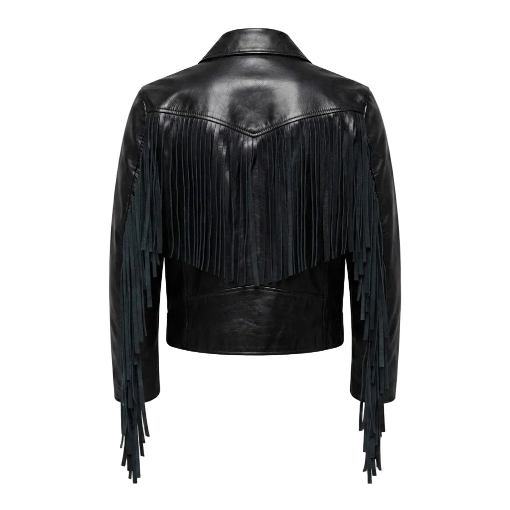 Black leather fringe jacket shown from the back, featuring long fringe detailing along the shoulders and sleeves, set against a plain white background.