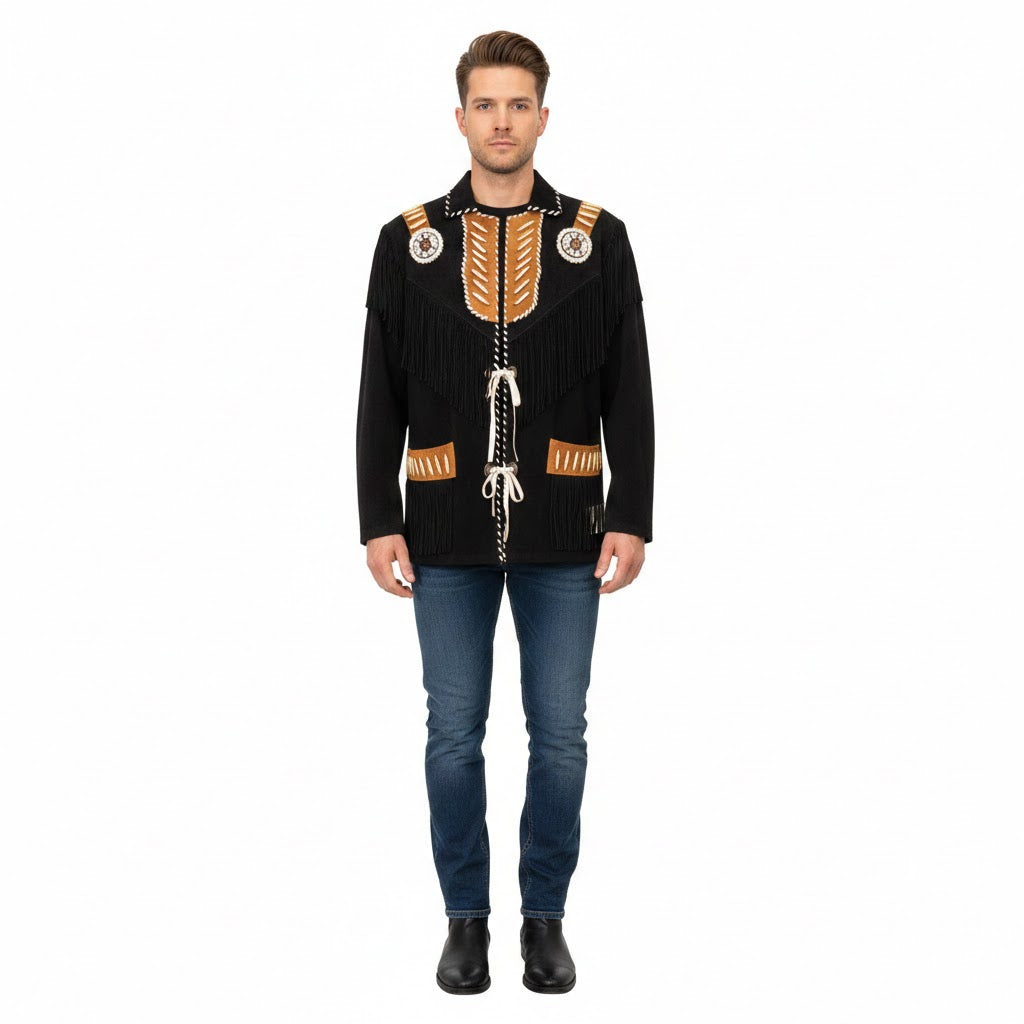 Man wearing a black sweater with gold accents on a white background