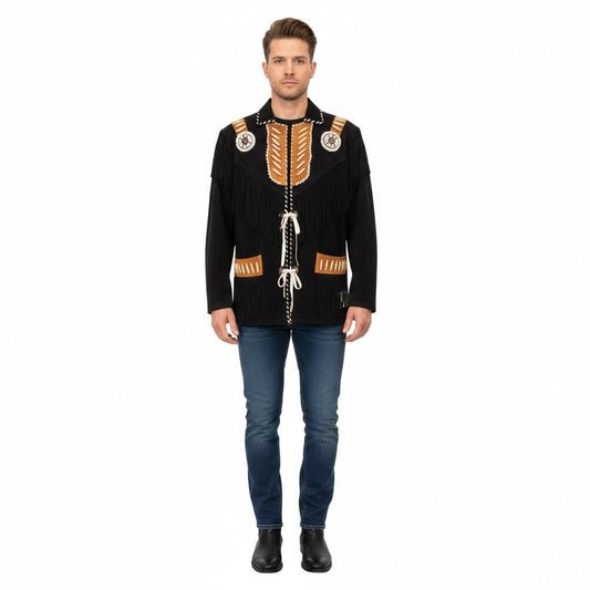Man wearing a black sweater with gold accents on a white background